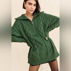 Free People Driftwood Cable Knit Polo Sweater in green